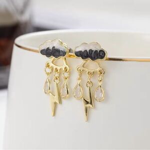 14K Gold 2 Piece Grey Rain Cloud & Lightning Bolts Gemstone Drop Earrings